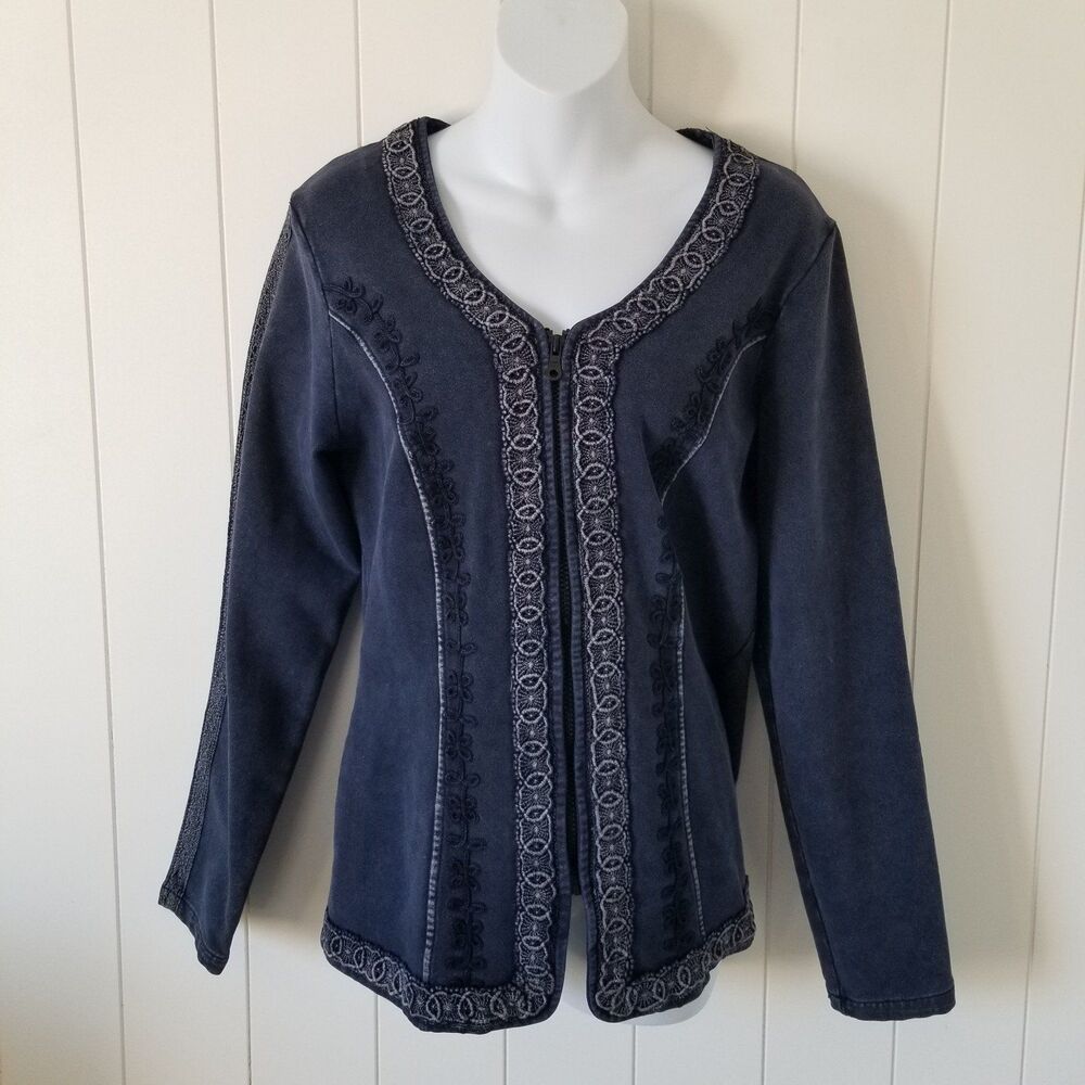 Inca Cottons Top Women's S/M Boho Embroidered Blue Zip Long Sleeve